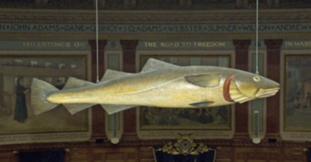 “The Sacred Cod is a four-foot eleven-inch carved-wood effigy of an Atlantic codfish, "painted to the life", hanging in the House of Representatives chamber of Boston's Massachusetts State House – "a memorial of the importance of the Cod-Fishery to the welfare of this Commonwealth" (i.e. Massachusetts, of which cod is officially the "historic and continuing symbol").”
